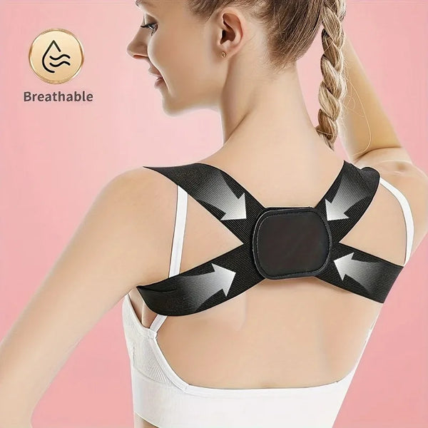 A woman is shown wearing a black adjustable posture corrector belt on her back, highlighting its breathable design.