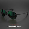 A pair of dark green polarized light aviator sunglasses resting on a dark surface.