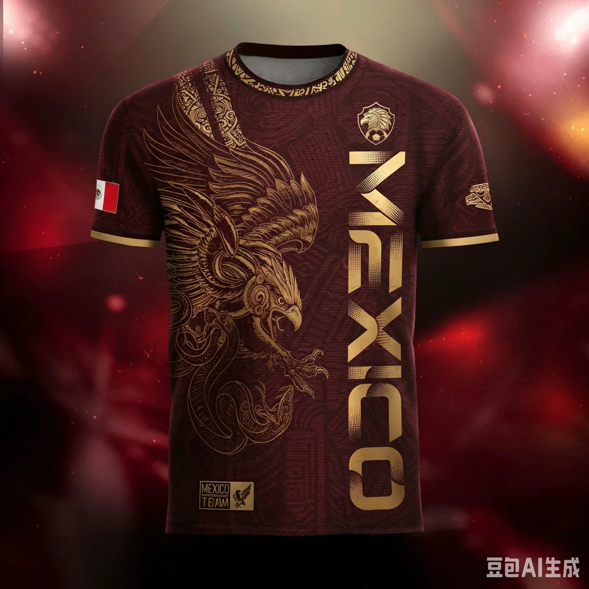 A dark maroon soccer jersey featuring a gold eagle design and the word MEXICO in gold text.
