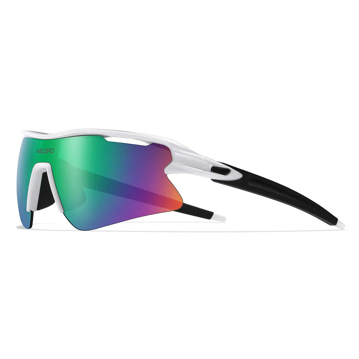 A pair of white and black sports sunglasses with mirrored green and purple lenses.