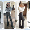Three models wearing high-waisted flared yoga leggings in black and gray tones.