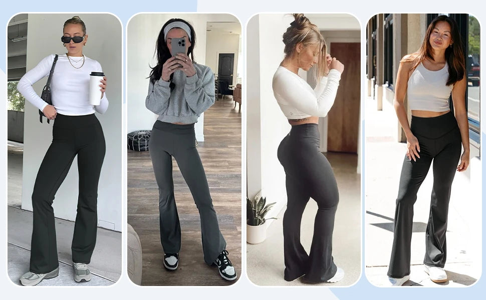 Three models wearing high-waisted flared yoga leggings in black and gray tones.