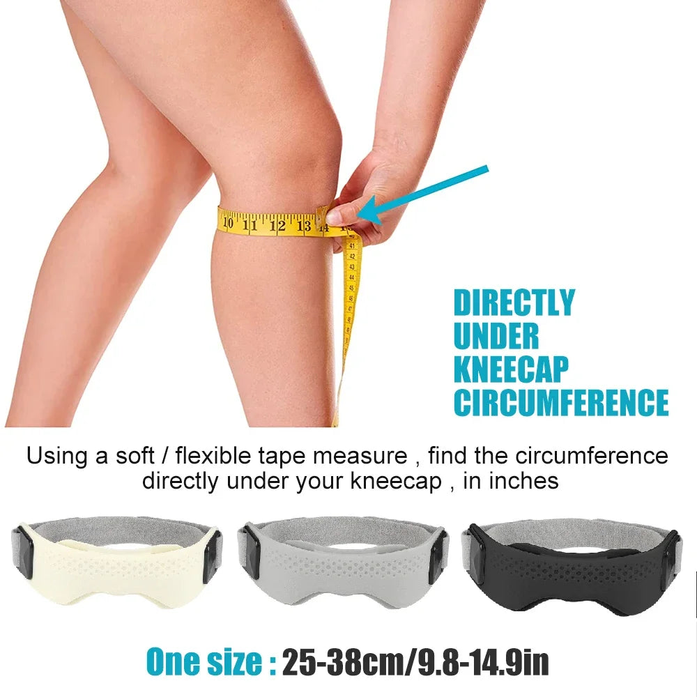 A yellow measuring tape is shown measuring the circumference directly under a person's kneecap for knee support.