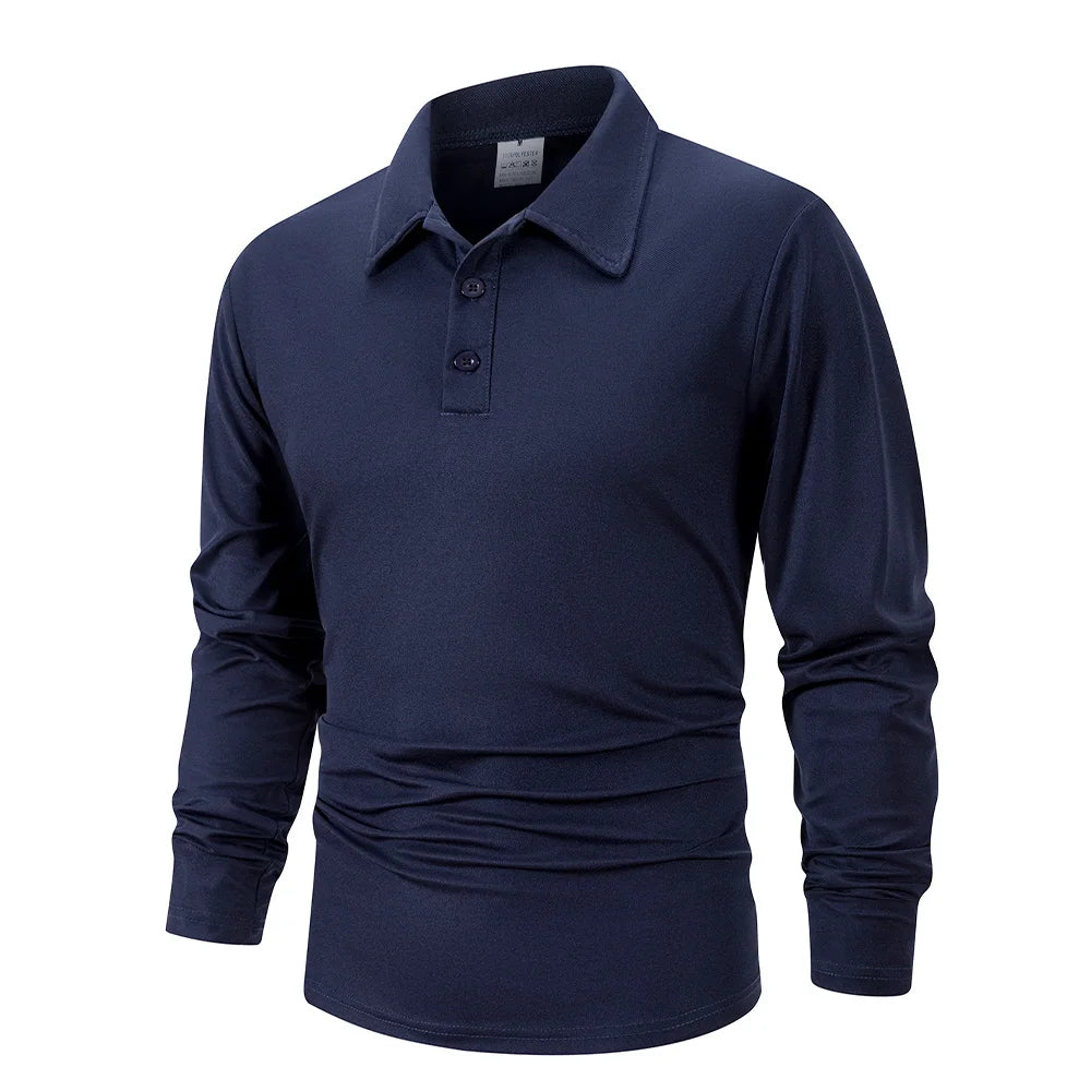 Navy blue men's breathable casual polo shirt with a collar and button placket
