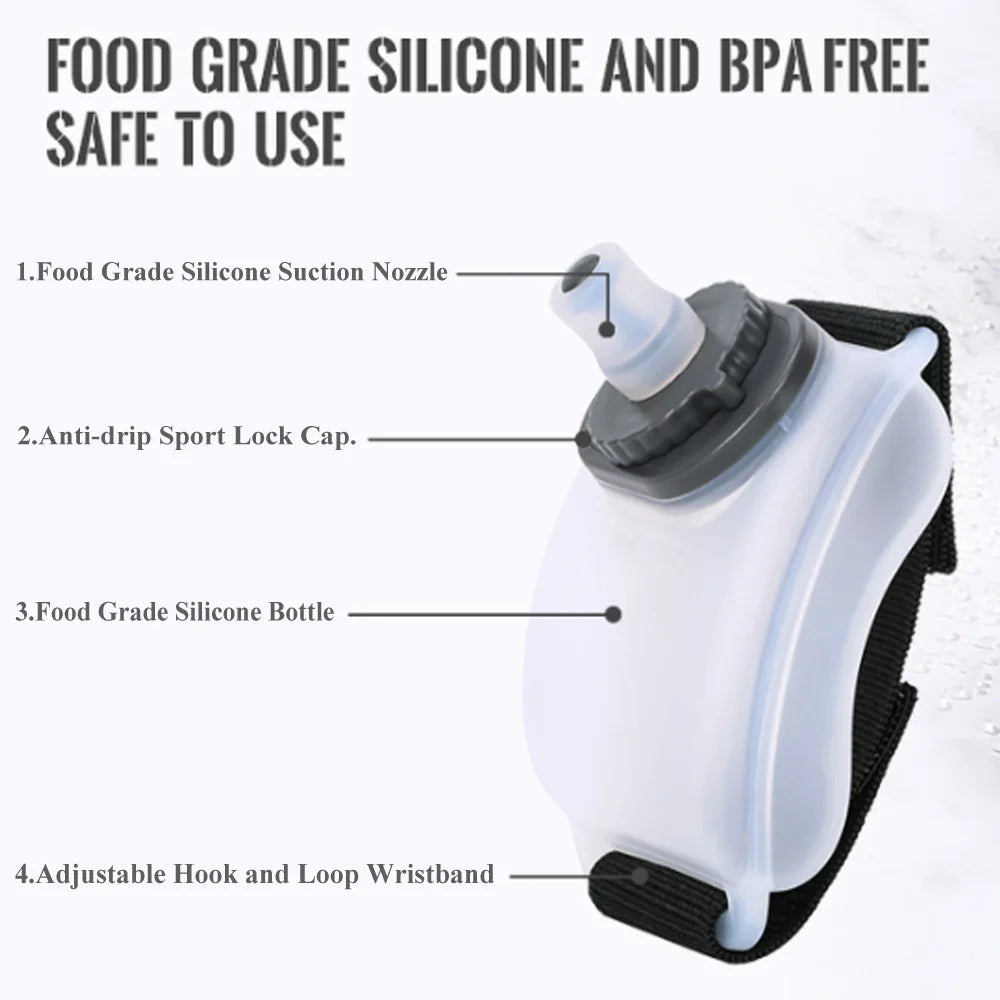 A white silicone hydration bottle with a suction nozzle, sport lock cap, and adjustable hook wristband.