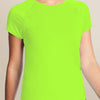 A bright lime green women's quick dry moisture-wicking gym t-shirt being worn by a model.