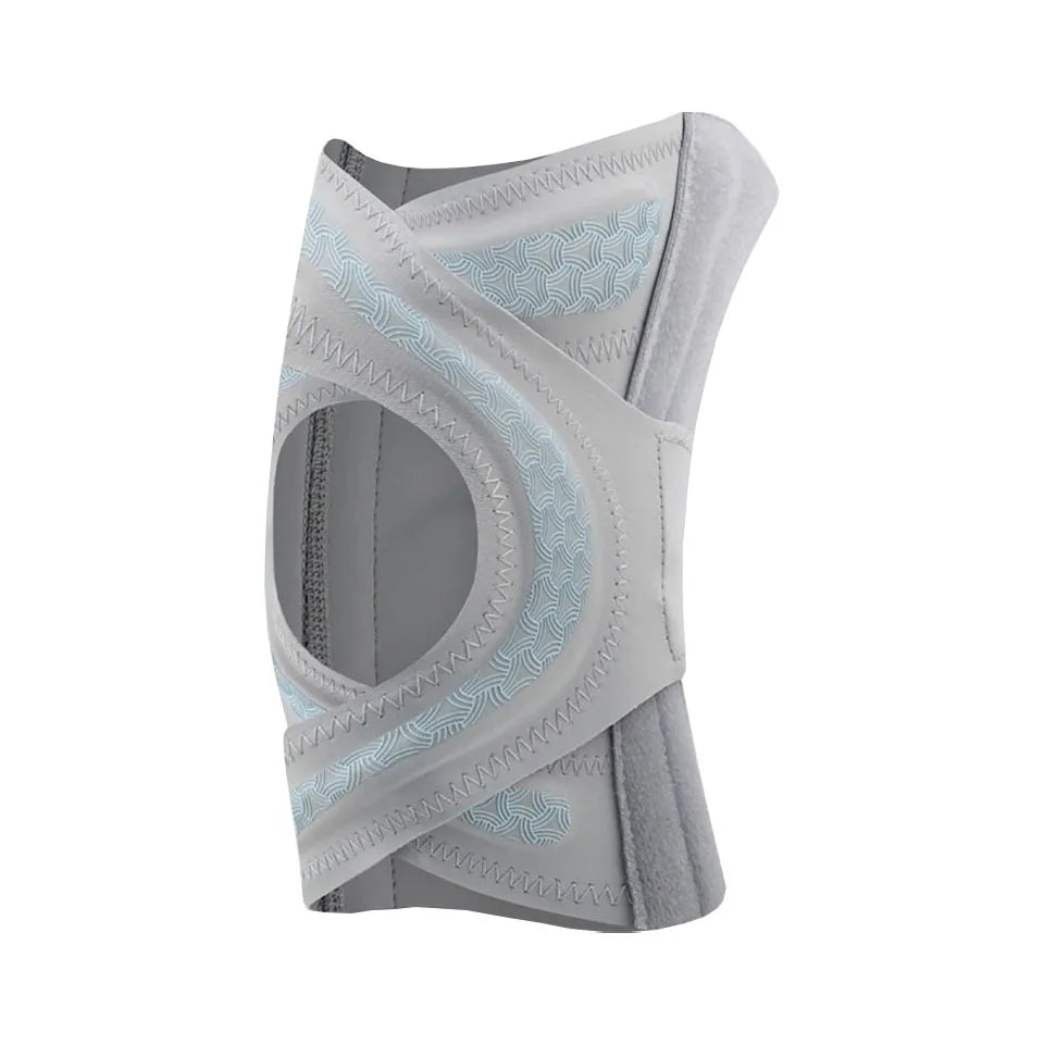 Graue Kompressionsbandage für das Knie mit hellblauem Muster für Sport und Aktivitätssupport