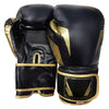 A pair of black and gold professional PU leather boxing gloves shown from the side.