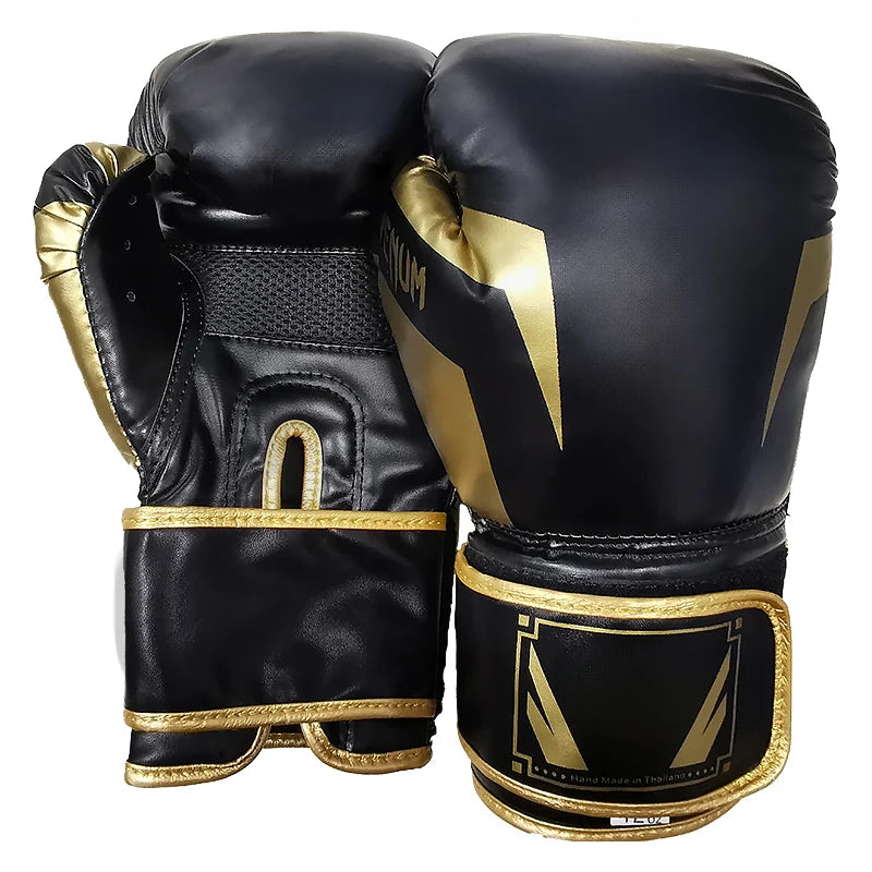 A pair of black and gold professional PU leather boxing gloves shown from the side.