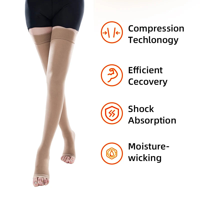 A pair of beige medical compression stockings being worn on a person's legs.