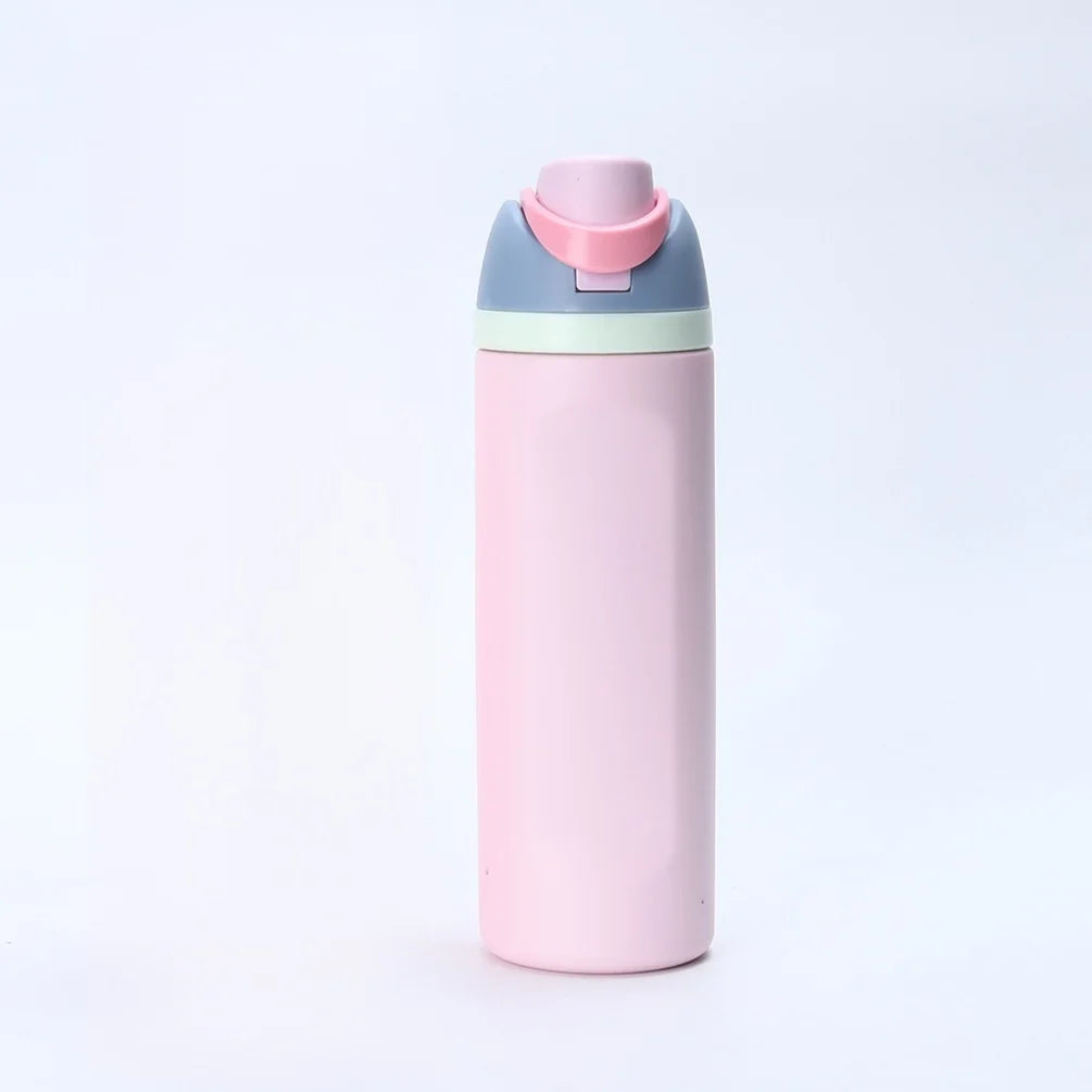 A pink insulated stainless steel thermos mug with a light blue lid and straw component.