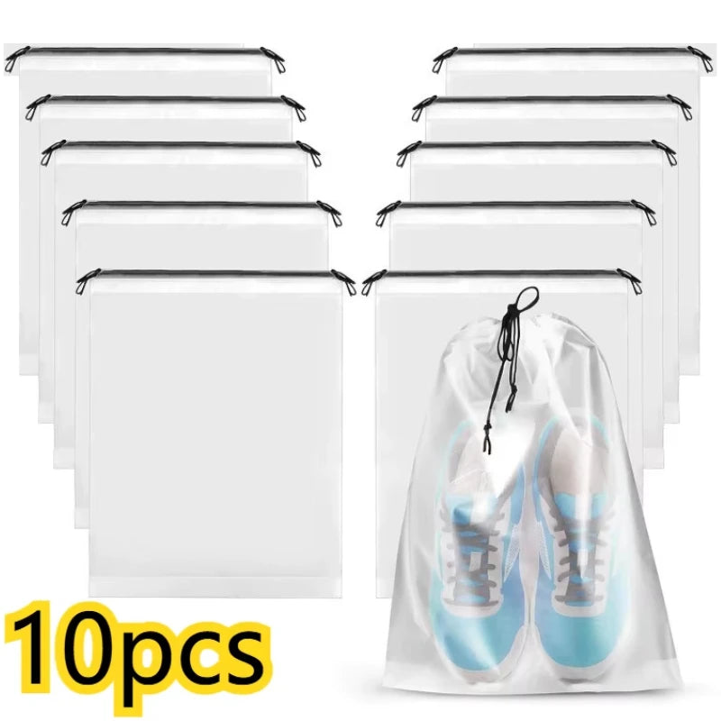 A set of ten clear reusable drawstring storage bags for organizing items.