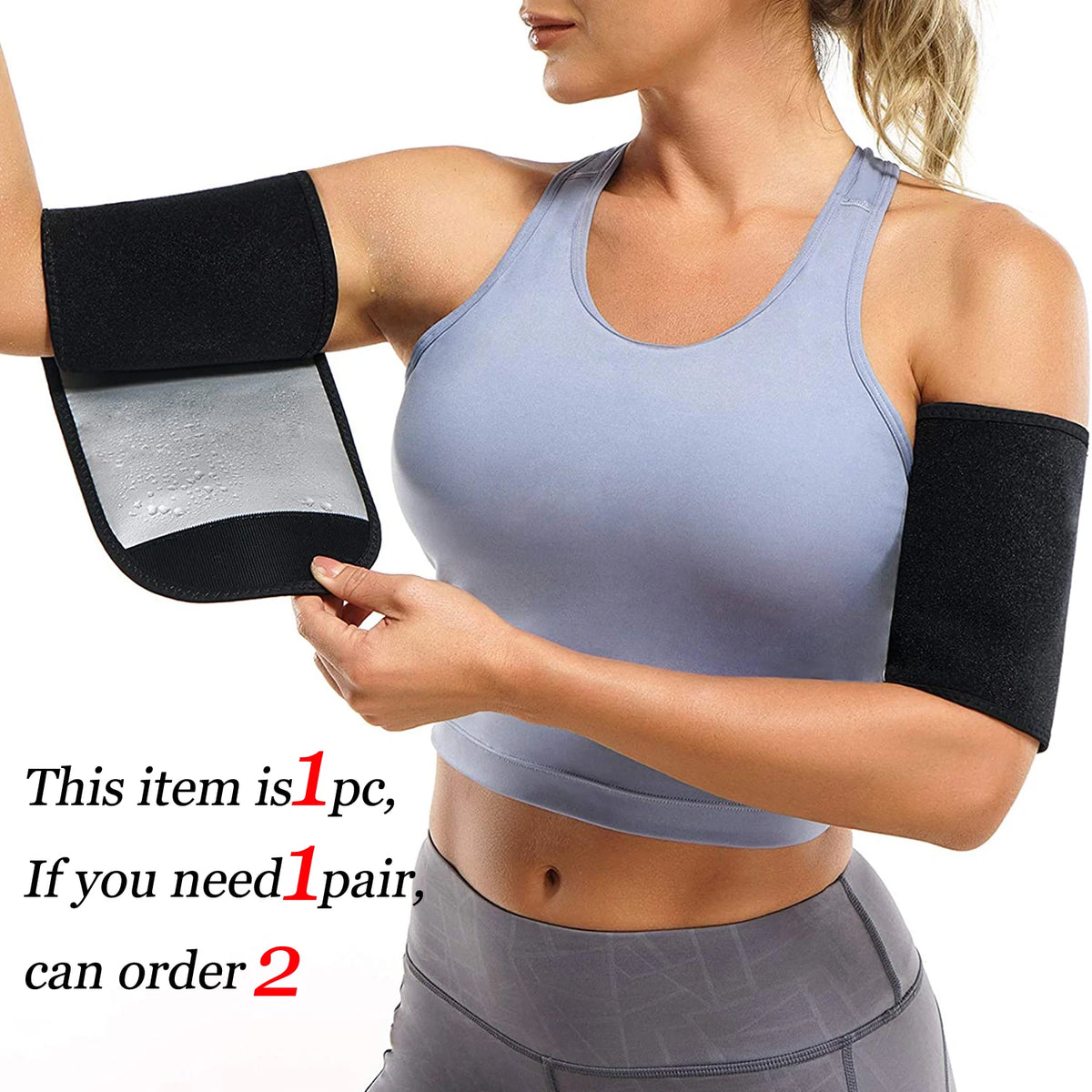 A woman is wearing a gray sweat shaper arm trimmer on her upper arm.