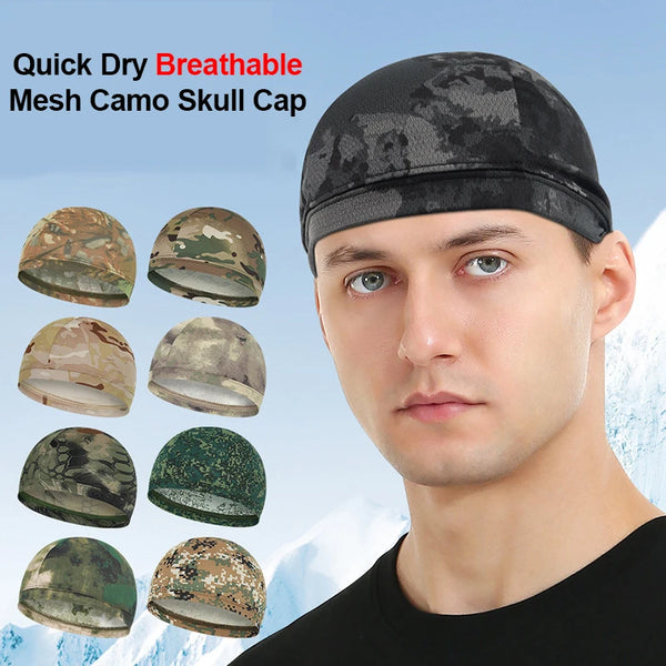 A man wearing a black breathable mesh camo skull cap, with various views of the camouflage fabric shown below.
