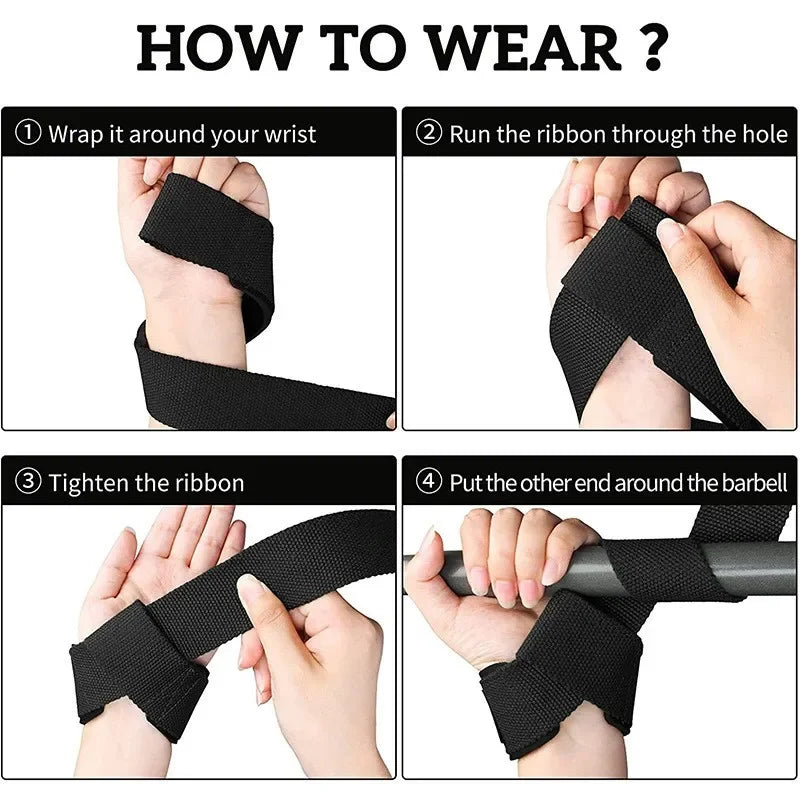 Instructions showing how to wrap and tighten gym lifting straps around a wrist or barbell.