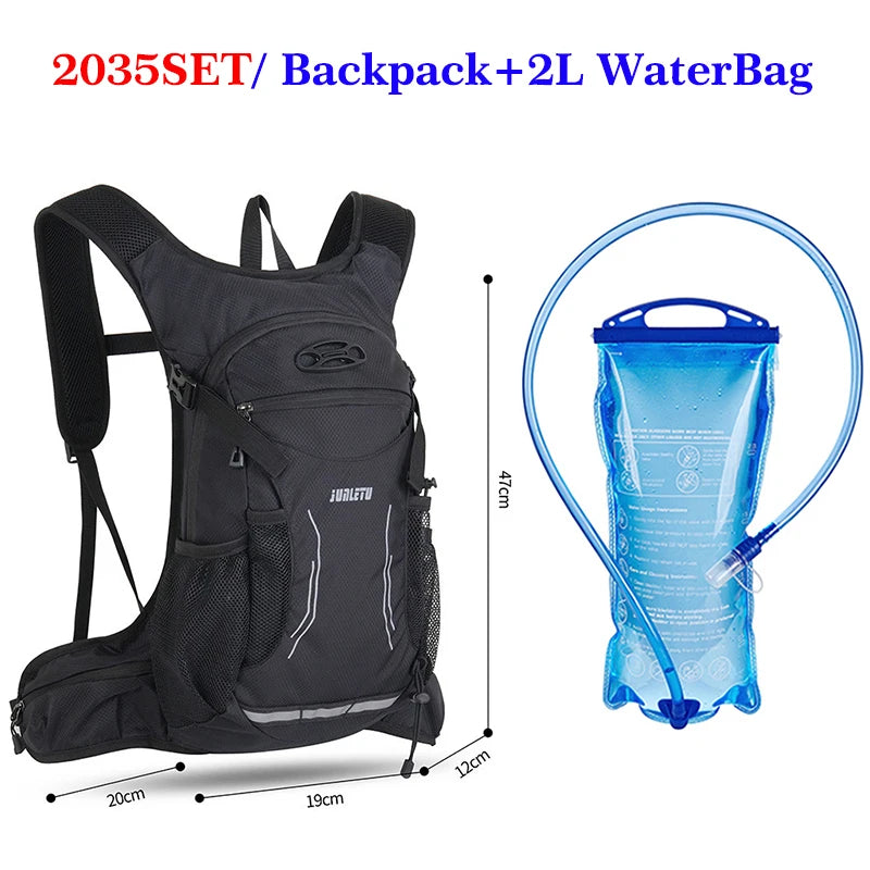 Black hydration backpack with a 2L water bag and attached tubing
