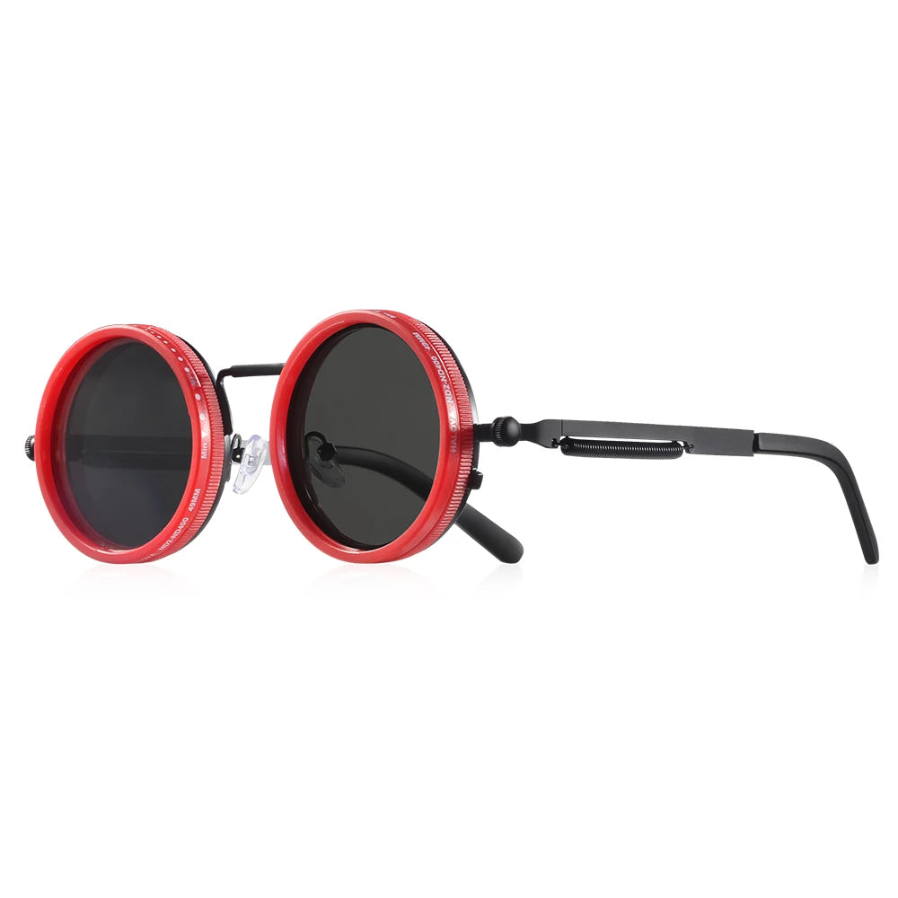 Lunettes de soleil polarisées à monture rouge, verres noirs et fonction d'atténuation réglable.