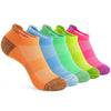 A pack of six colorful breathable women's sports socks in shades of orange, blue, green, and pink.