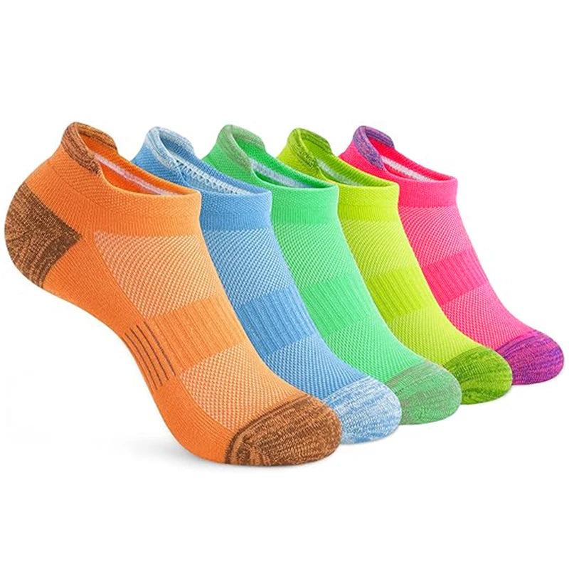 A pack of six colorful breathable women's sports socks in shades of orange, blue, green, and pink.