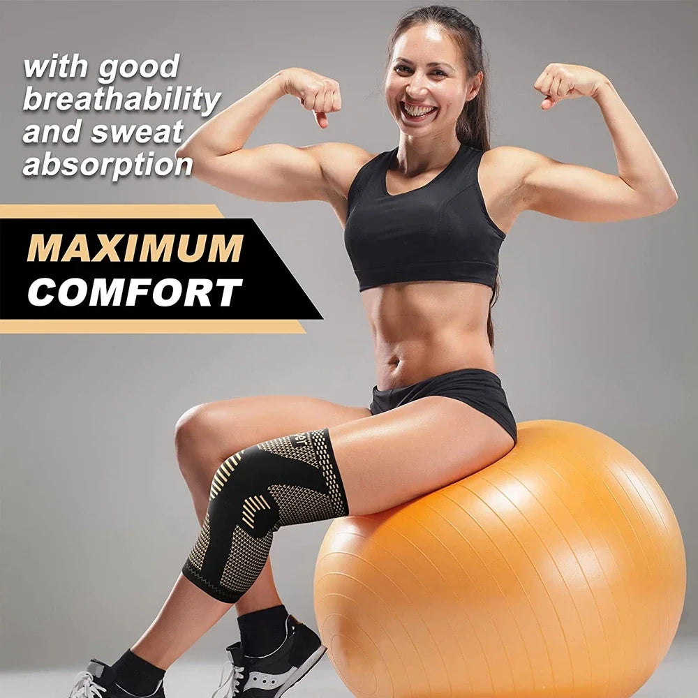 A woman demonstrates the comfort and sweat absorption of a black knee compression sleeve while sitting on an orange exercise 
