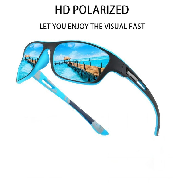 Blue polarized cycling sunglasses with light blue frames and lenses enjoying a sunny outdoor view.