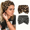 A woman models a leopard print bandana headband alongside two separate folded versions of the product.