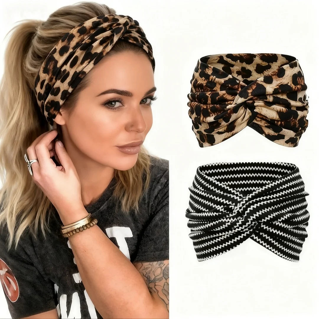 A woman models a leopard print bandana headband alongside two separate folded versions of the product.