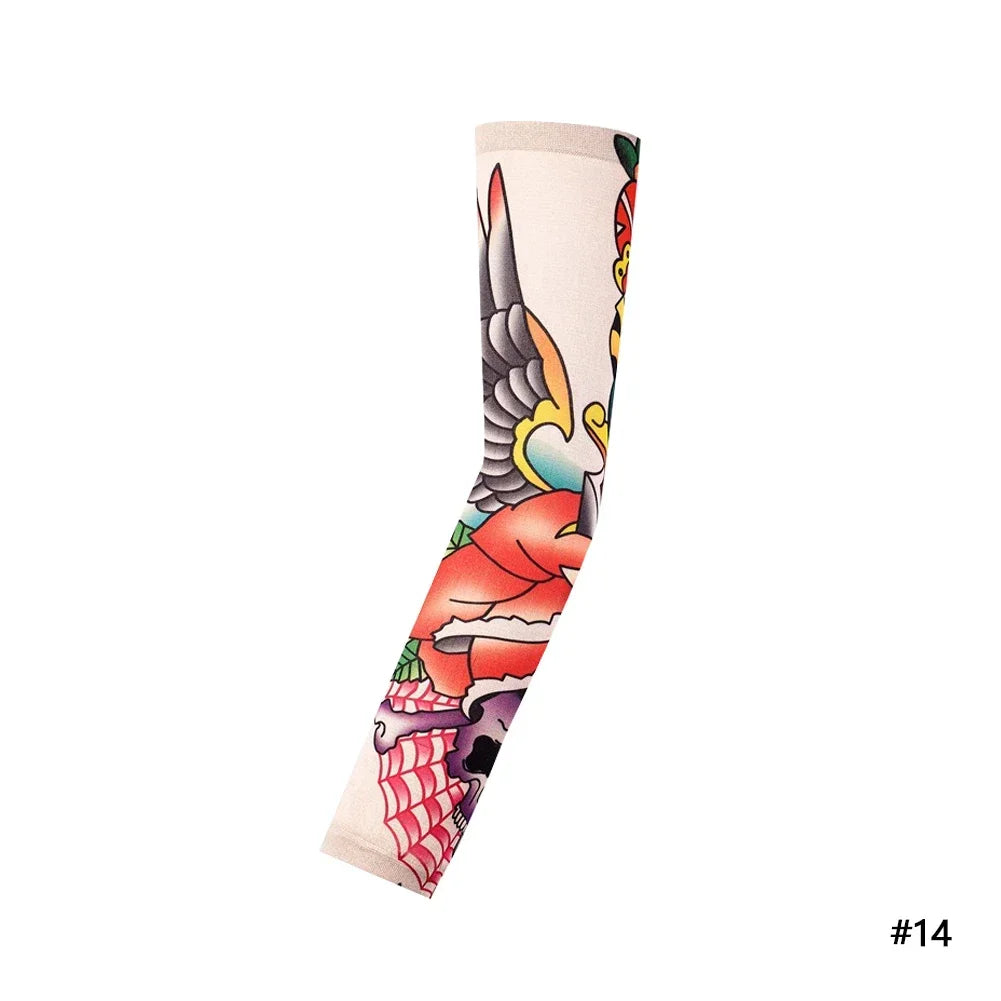 A rolled reusable stretch tattoo arm sleeve featuring a colorful design of a bird and scales.