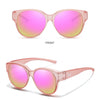 Pink round sunglasses shown from the front and a 45-degree angle.