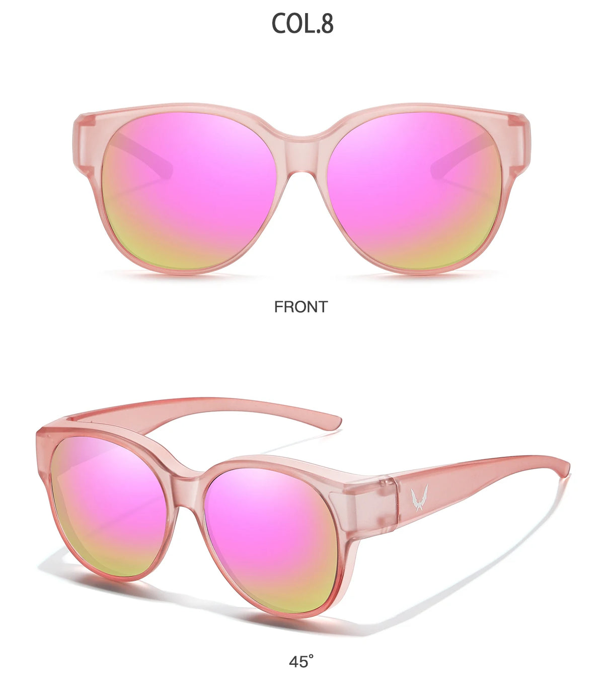 Pink round sunglasses shown from the front and a 45-degree angle.