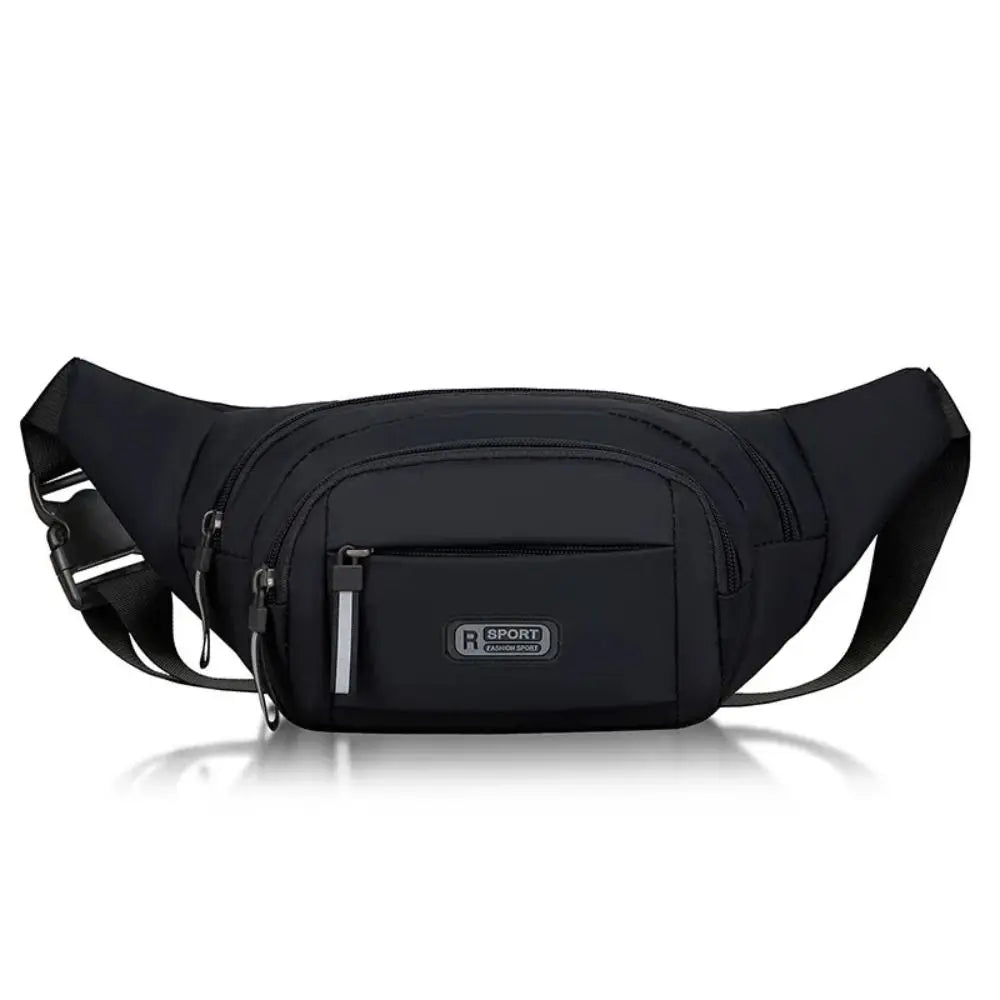 Black durable nylon waist bag for men with adjustable straps