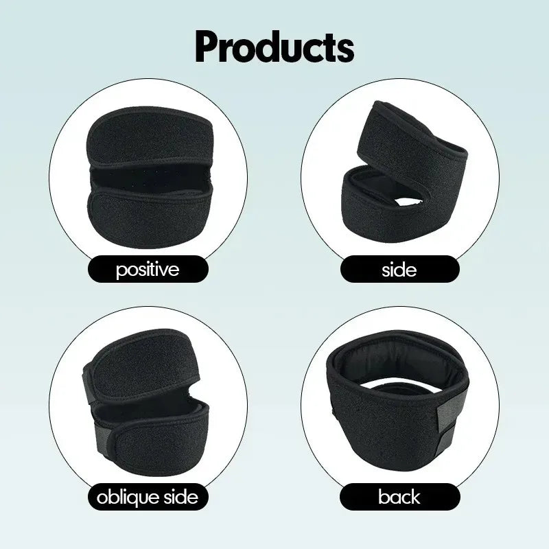 Various views of a black pressurized knee support sleeve including positive, side, oblique side, and back angles.