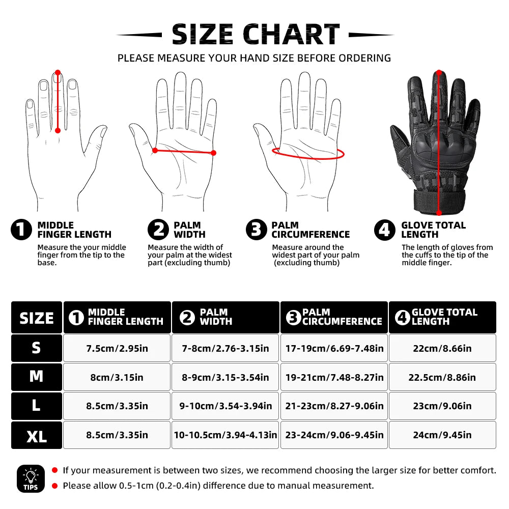 Size chart showing measurements for different sizes of tactical PU leather finger gloves