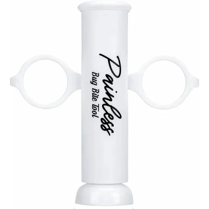 A white natural insect bite relief tool with a cylindrical body and circular openings.