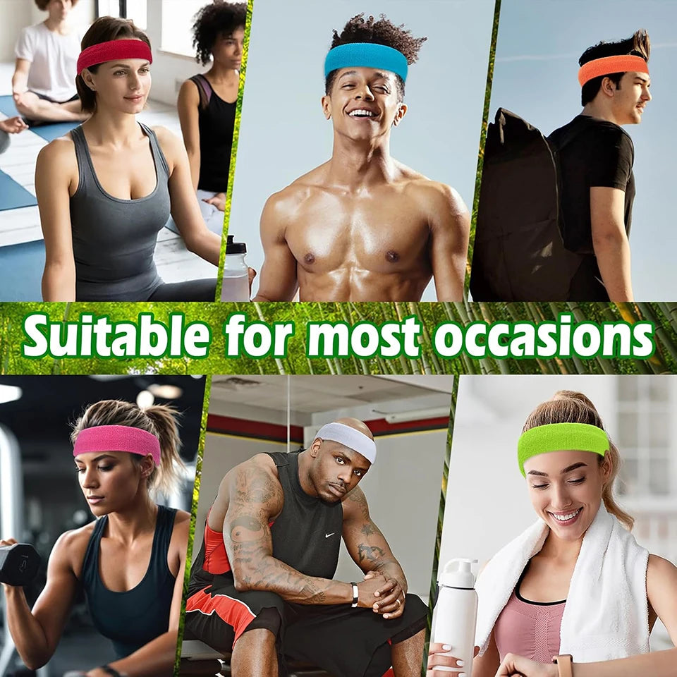 A collage showing various people wearing moisture-wicking athletic headbands for fitness activities.