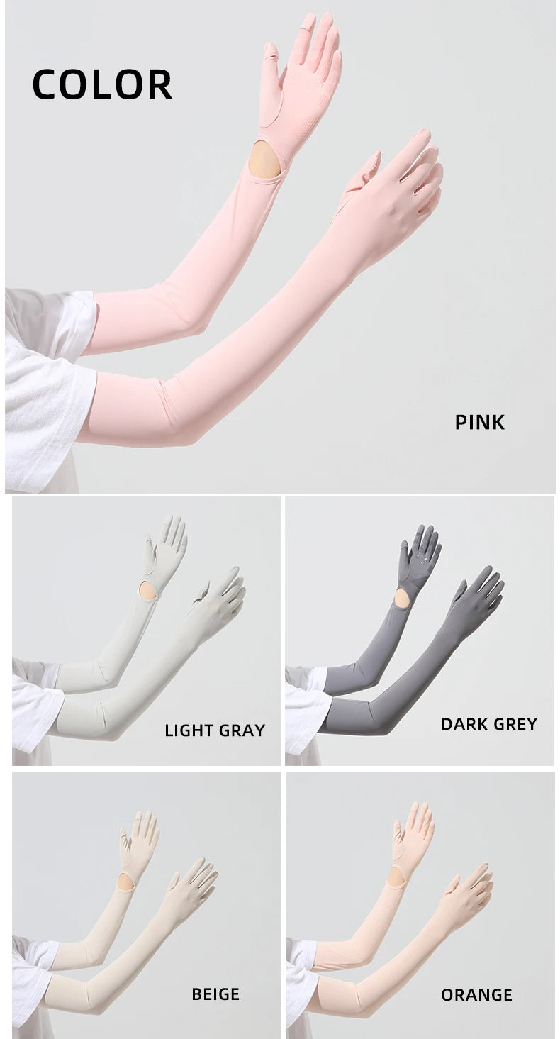 A collection of UPF 50+ sun protection arm sleeves in various colors including pink, light gray, dark gray, beige, and orange