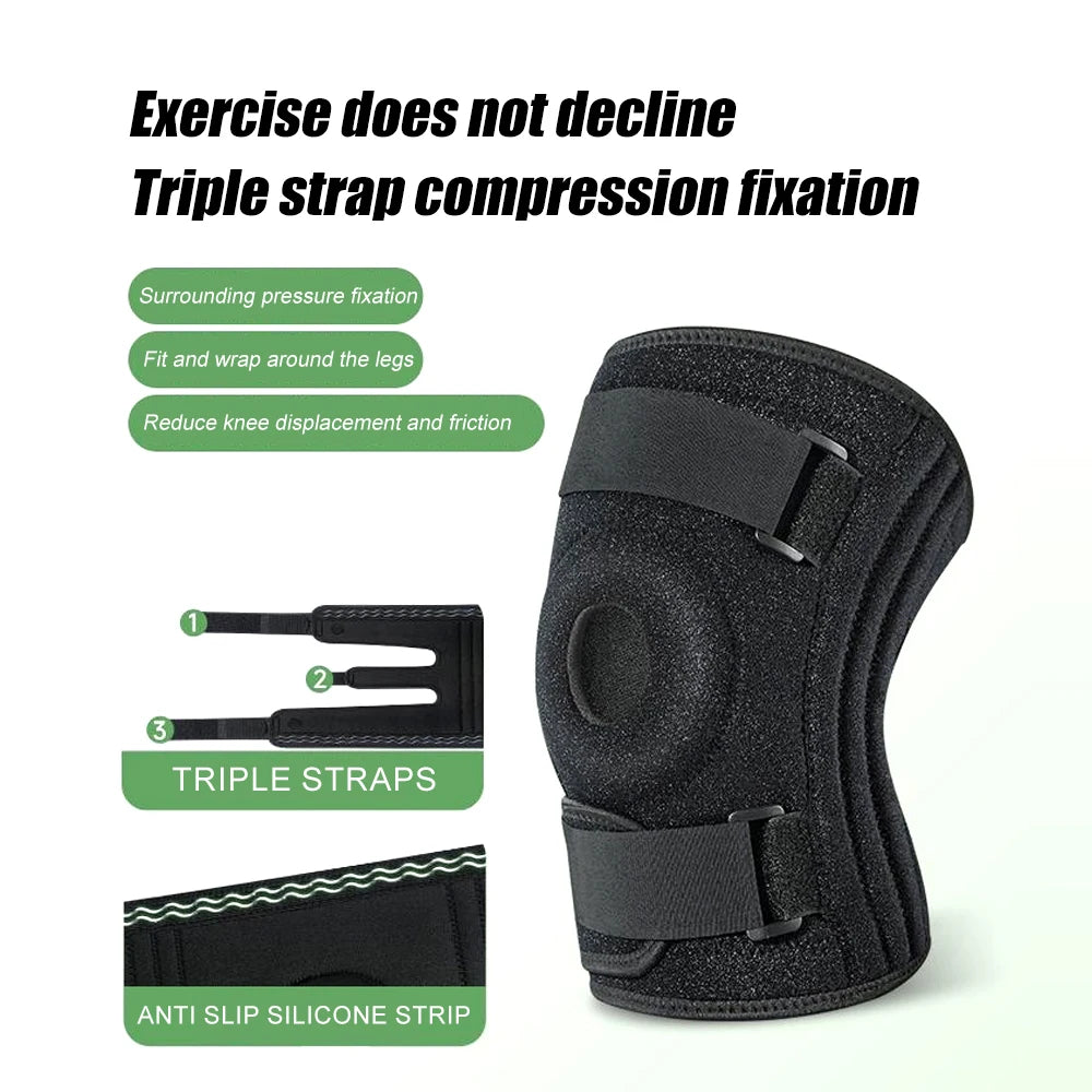 Black triple strap compression fixation knee brace for reducing knee displacement and friction