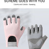 A pair of pink and gray comfort cycling and workout gloves shown against a light background.