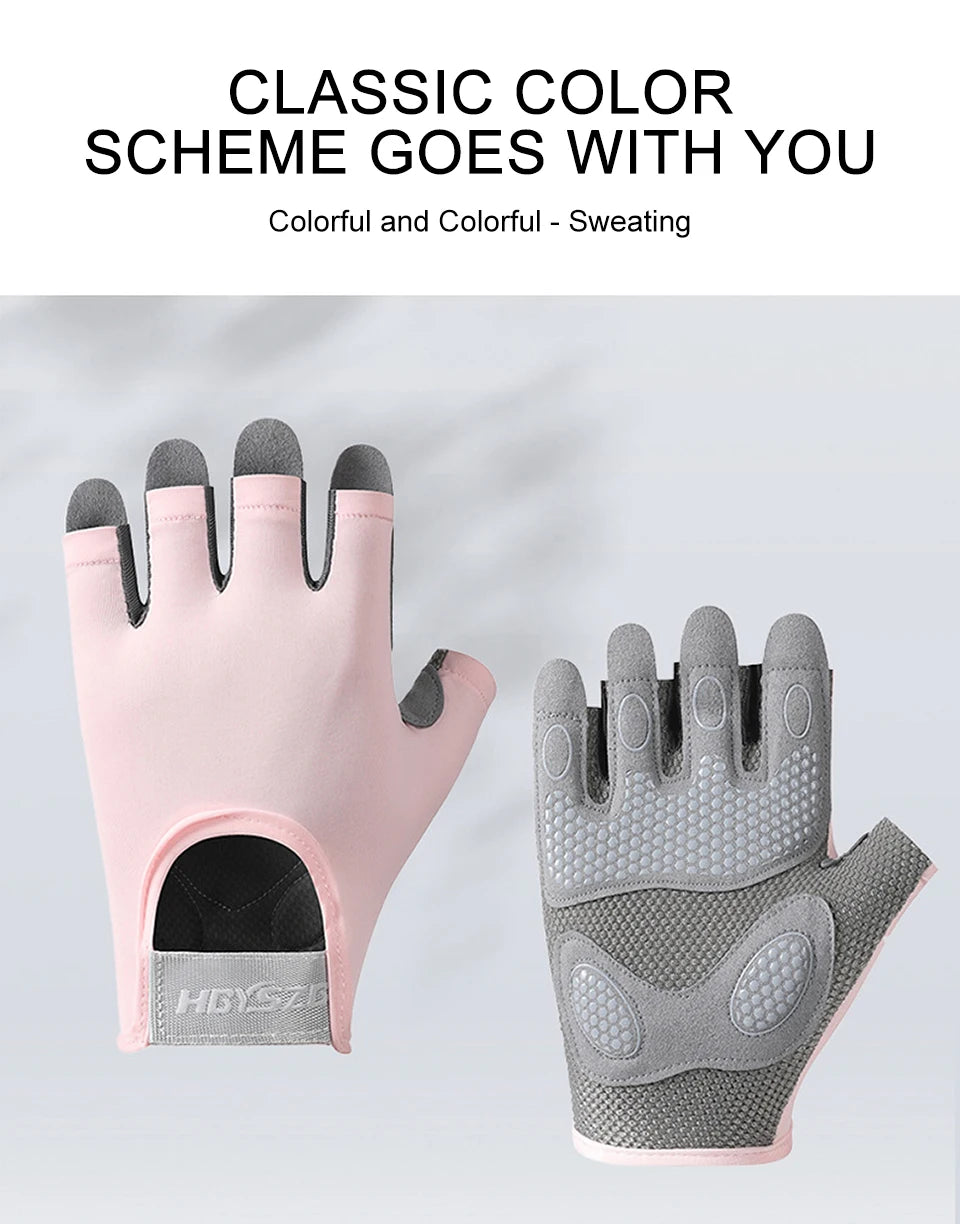 A pair of pink and gray comfort cycling and workout gloves shown against a light background.