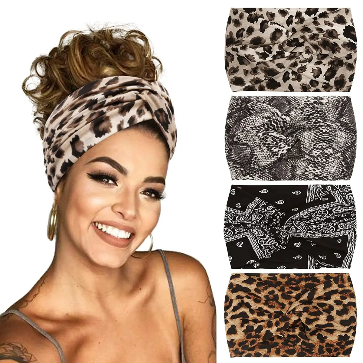 A woman models a leopard print yoga headband on her forehead, smiling.
