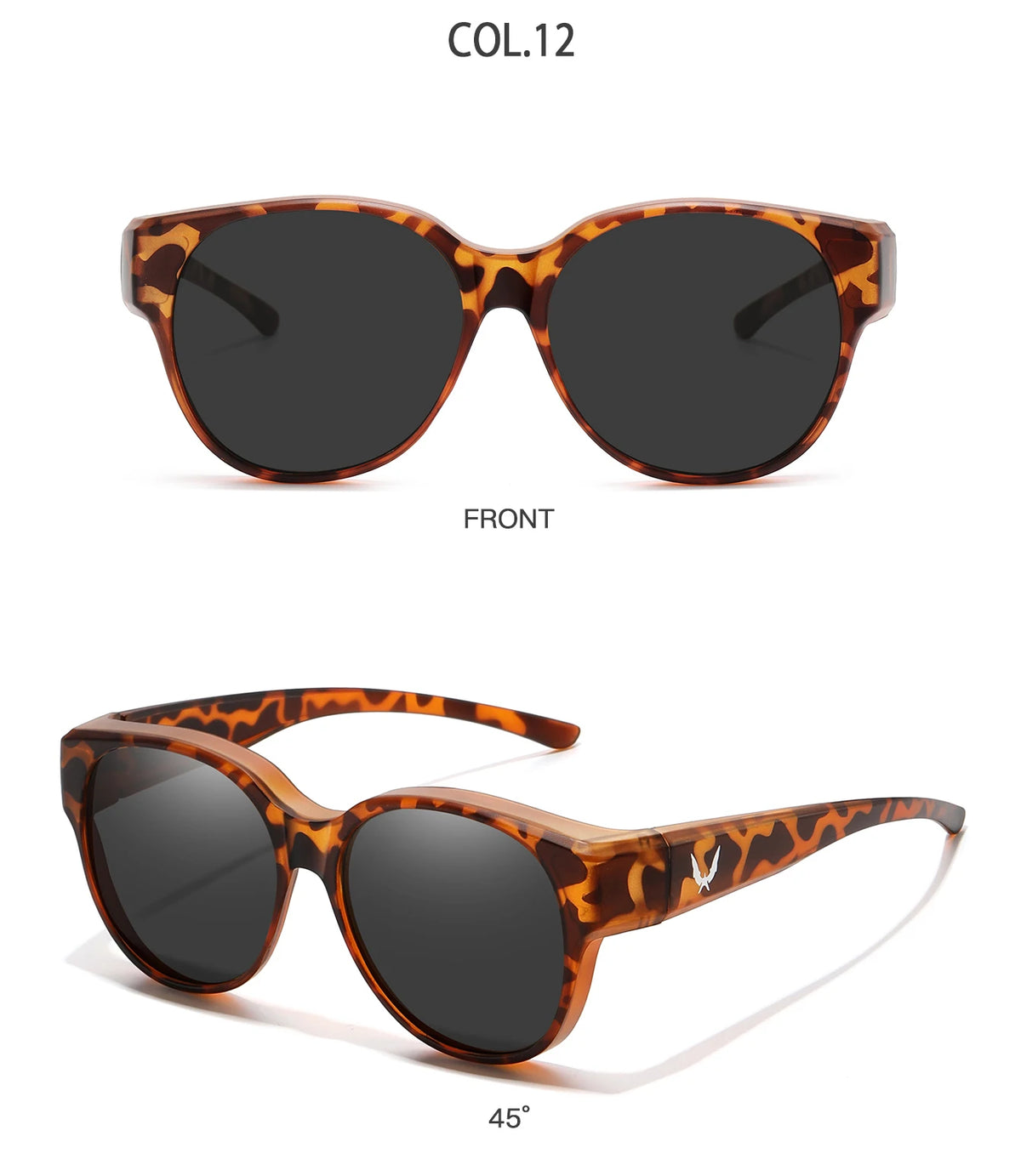 Front view of COL.12 round sunglasses with brown leopard print frames and dark lenses.