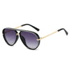Retro pilot sunglasses with black frames and gradient purple lenses featuring gold accents