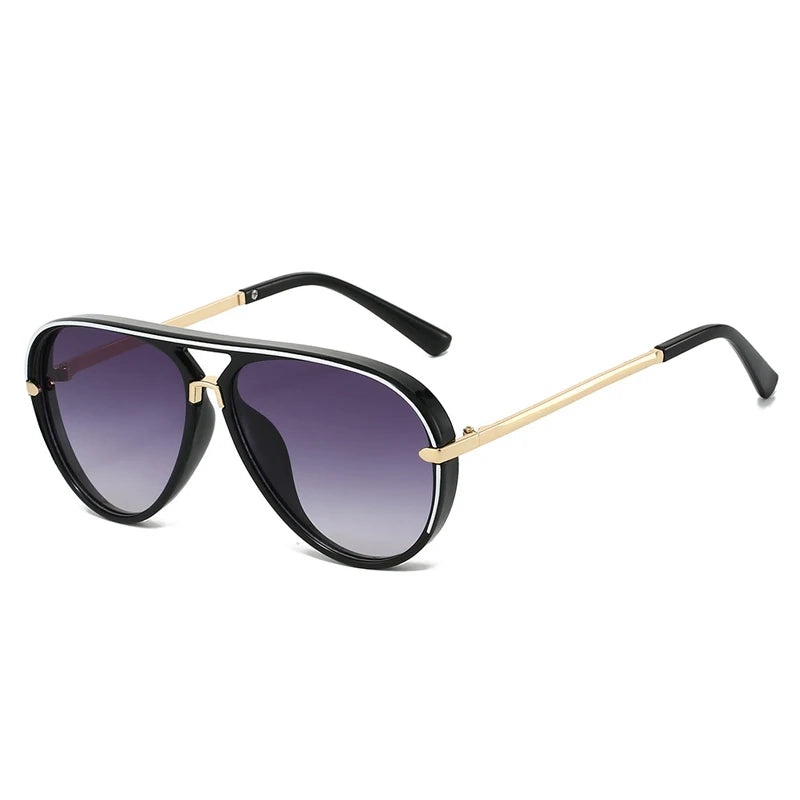 Retro pilot sunglasses with black frames and gradient purple lenses featuring gold accents