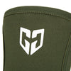Olive green compression knee sleeve with a white stylized 'G' logo