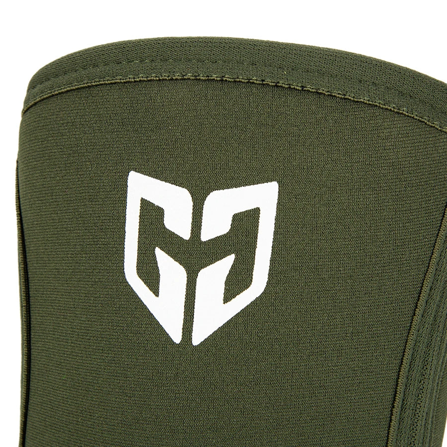 Olive green compression knee sleeve with a white stylized 'G' logo