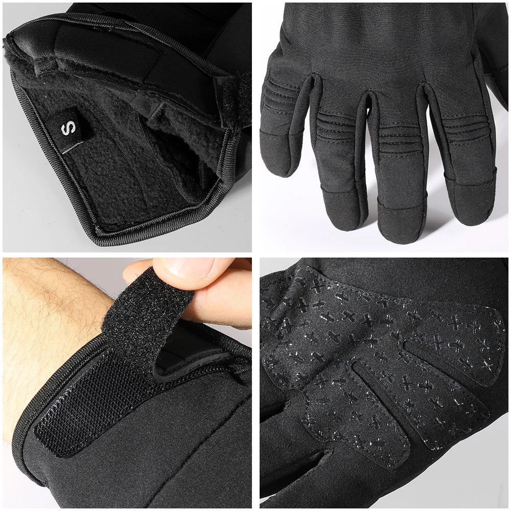 Black motorcycle riding full finger gloves shown in various close-up views
