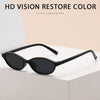 Black retro oval frame sunglasses displayed on a white box.