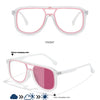 Front view of COL.2 photochromic square frame sunglasses showing the transition from clear to pink tint.