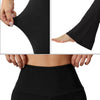 Black flared yoga trousers shown in multiple angles, highlighting the fit and fabric.