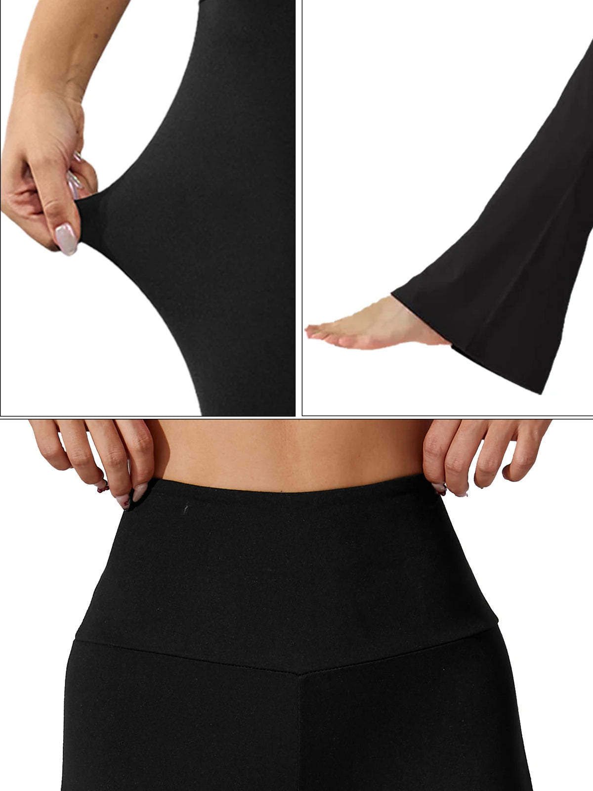 Black flared yoga trousers shown in multiple angles, highlighting the fit and fabric.